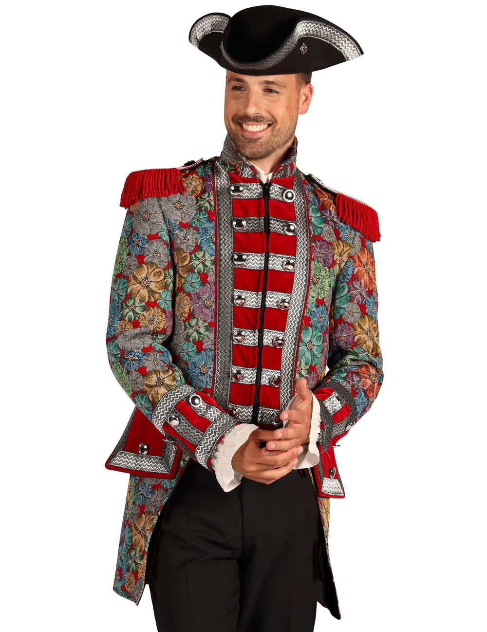 Detalhe do chapéu e das ombreiras do casaco de carnaval homem motivo floral gama alta