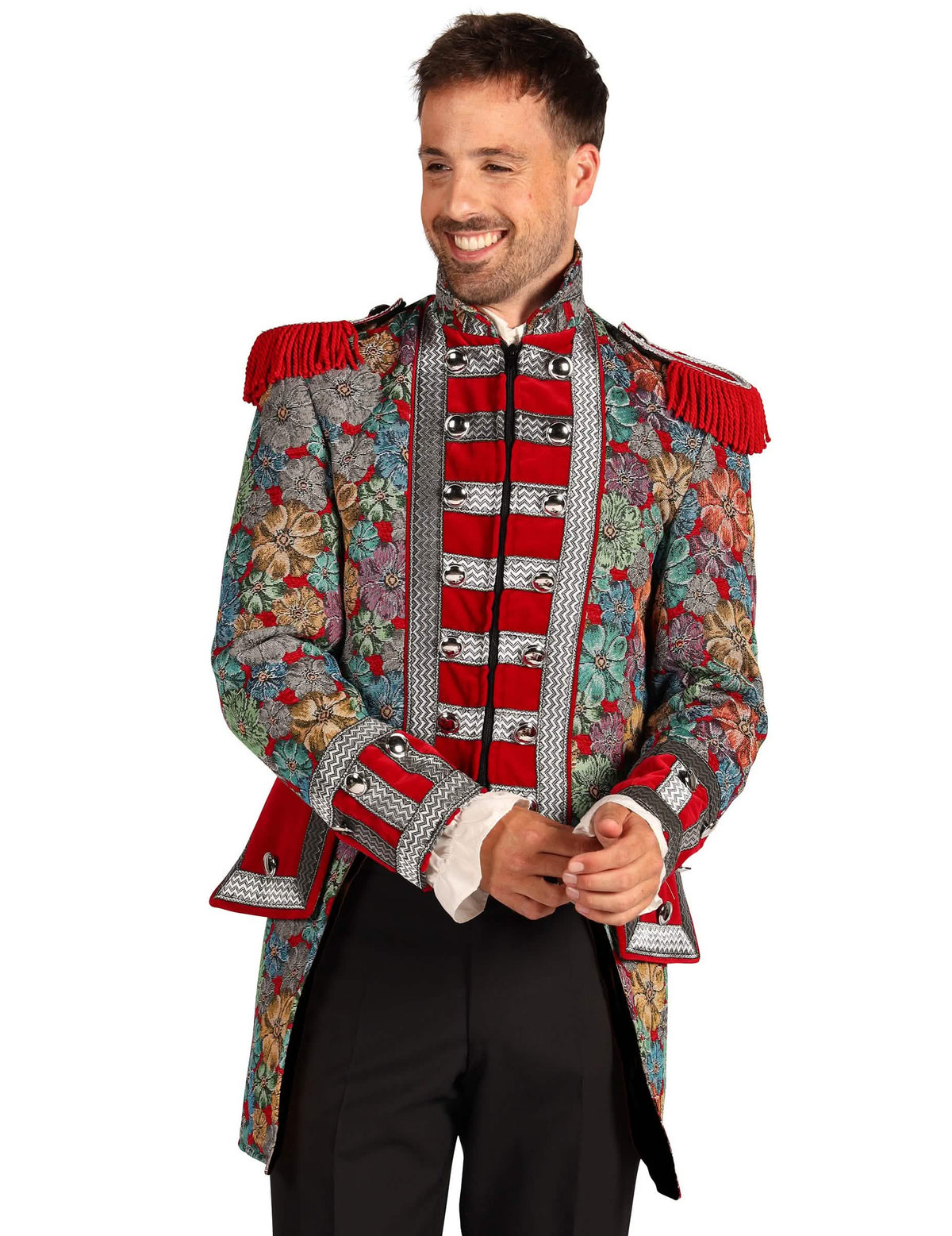 Grande plano do busto da jaqueta de carnaval com motivo floral de gama alta