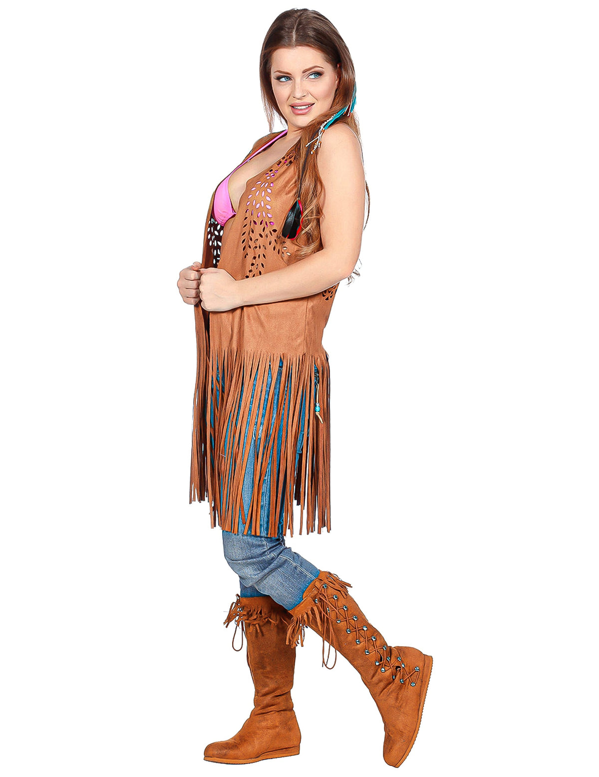 Casaco longo castanho com franjas hippie mulher