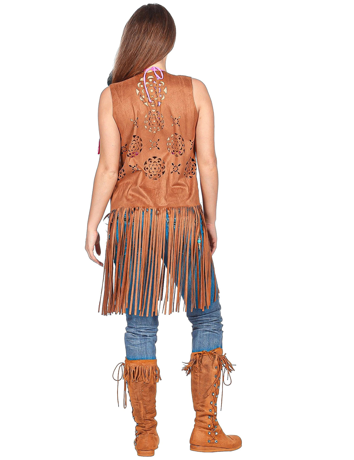 Casaco longo castanho com franjas hippie mulher