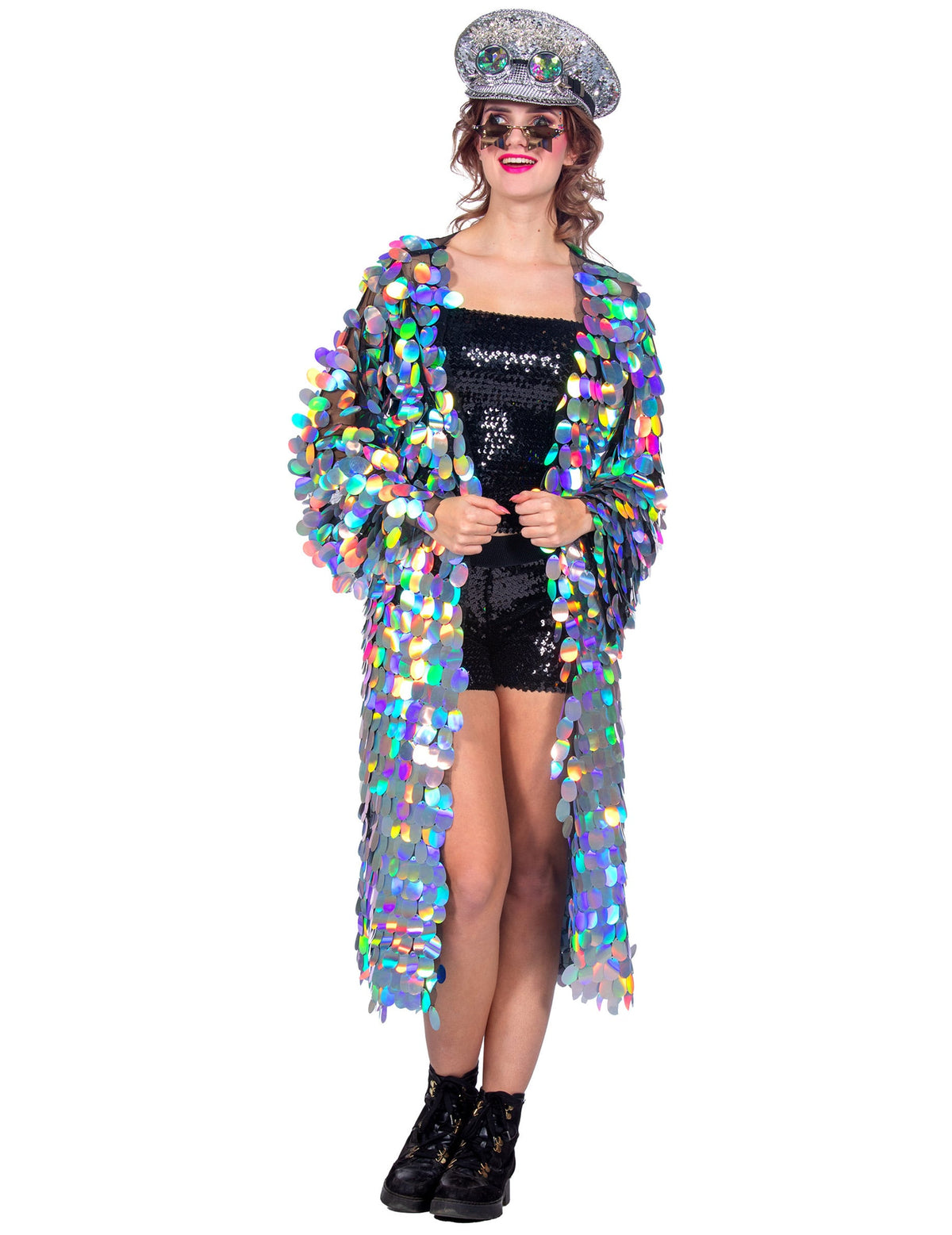 Veste longue à grosses paillettes luxe pour femme multicolore et holographique