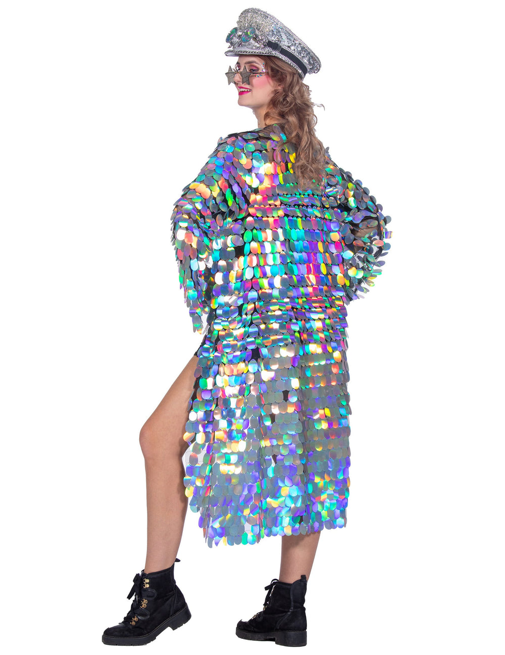Vue de profil de la veste longue à grosses paillettes luxe pour femme