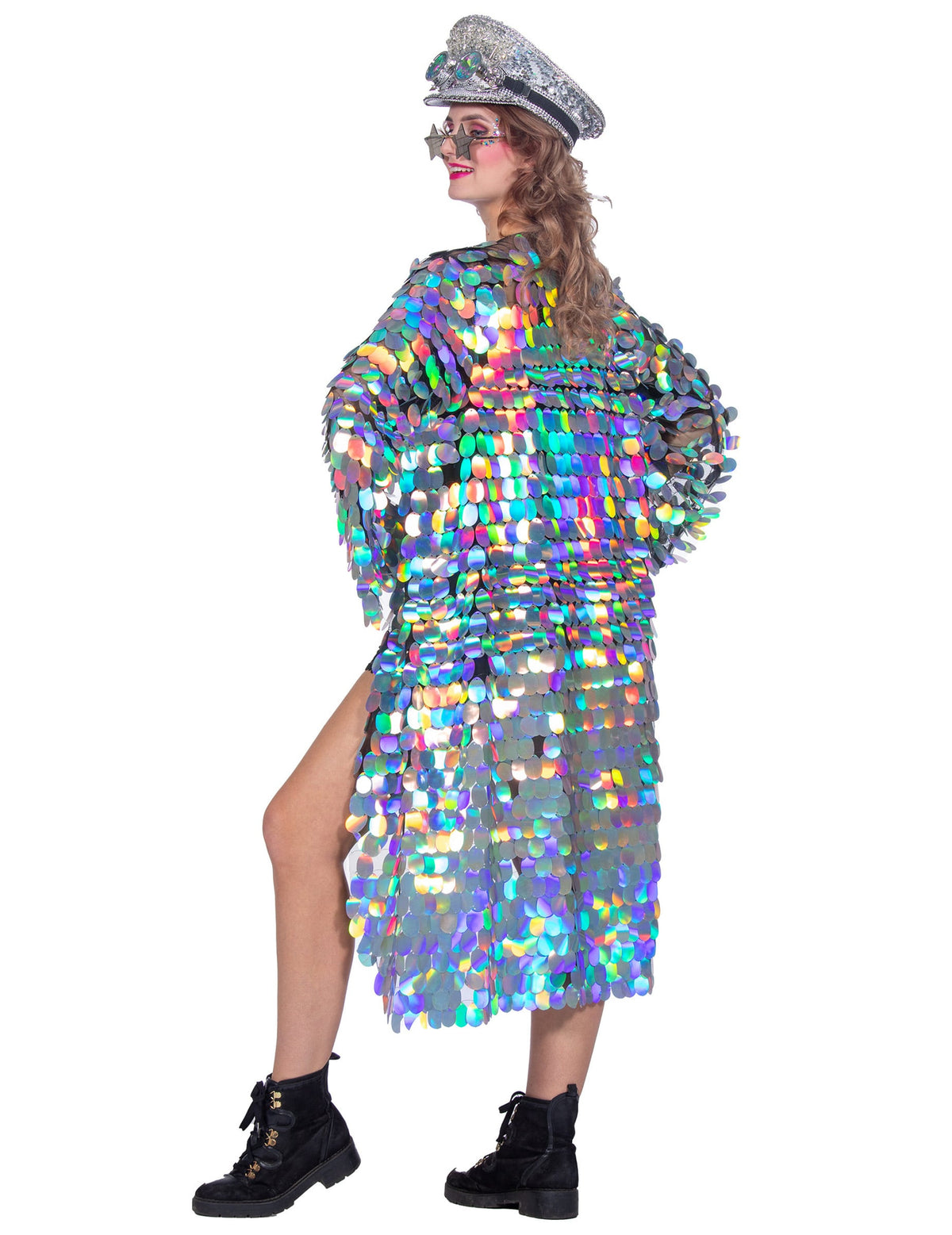 Vue de profil de la veste longue à grosses paillettes luxe pour femme