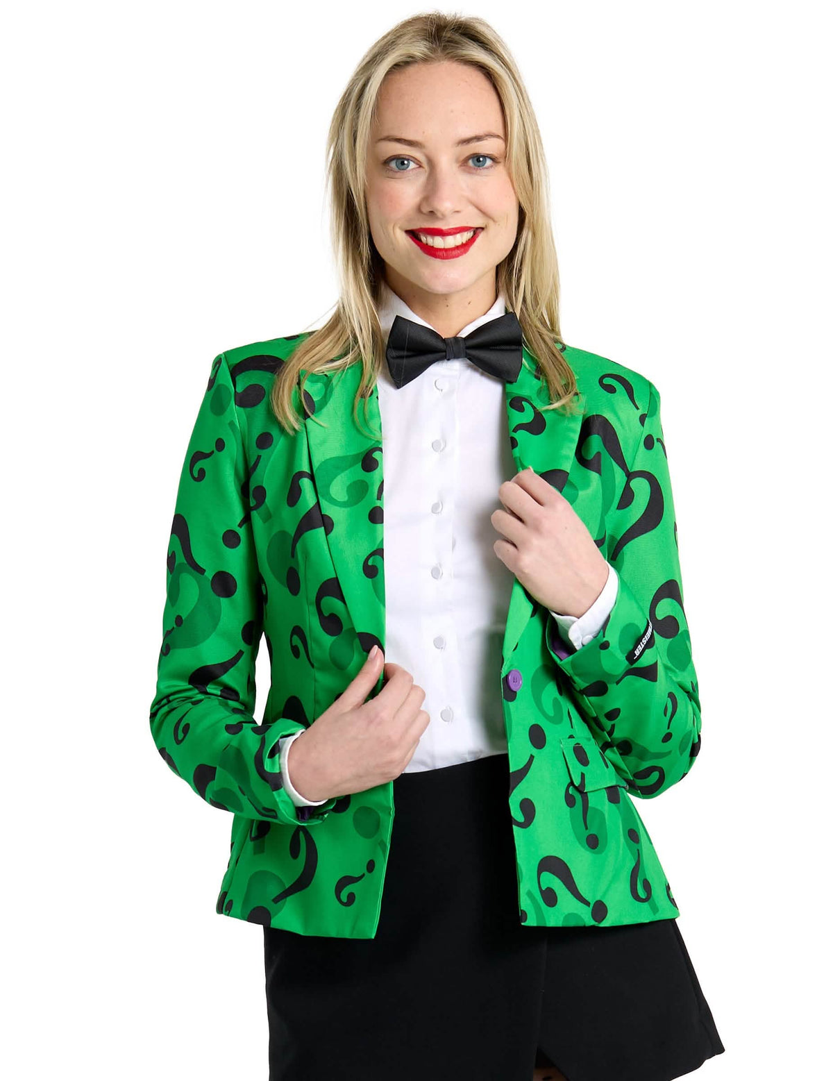 Casaco Mrs. Riddler Suitmeister para mulher verde com padrões de pontos de interrogação pretos