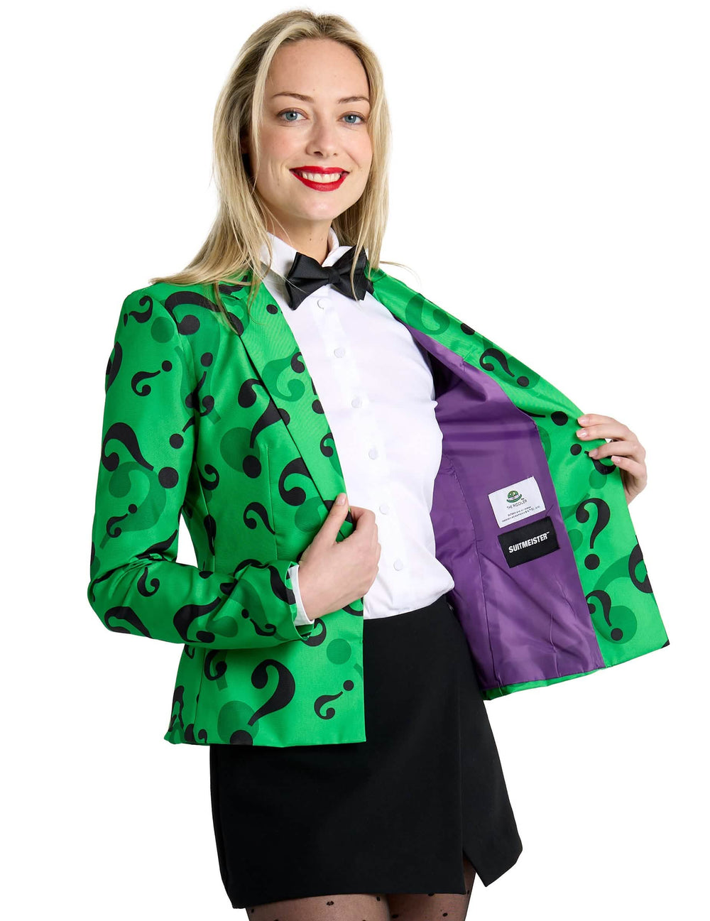 Detalhe do forro interior roxo do casaco Mrs. Riddler Suitmeister