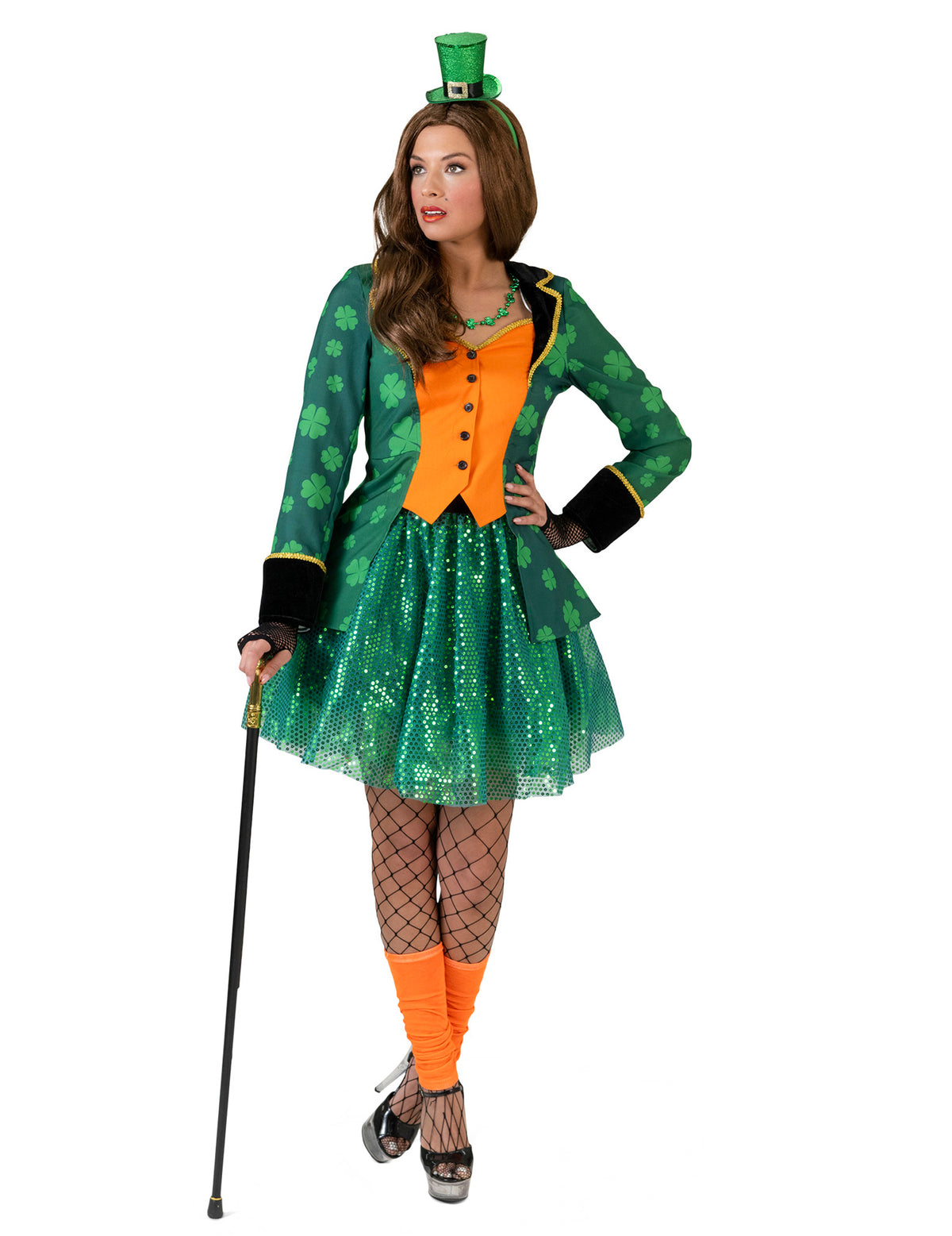 Veste queue de pie Saint Patrick à trèfles pour femme verte avec gilet orange