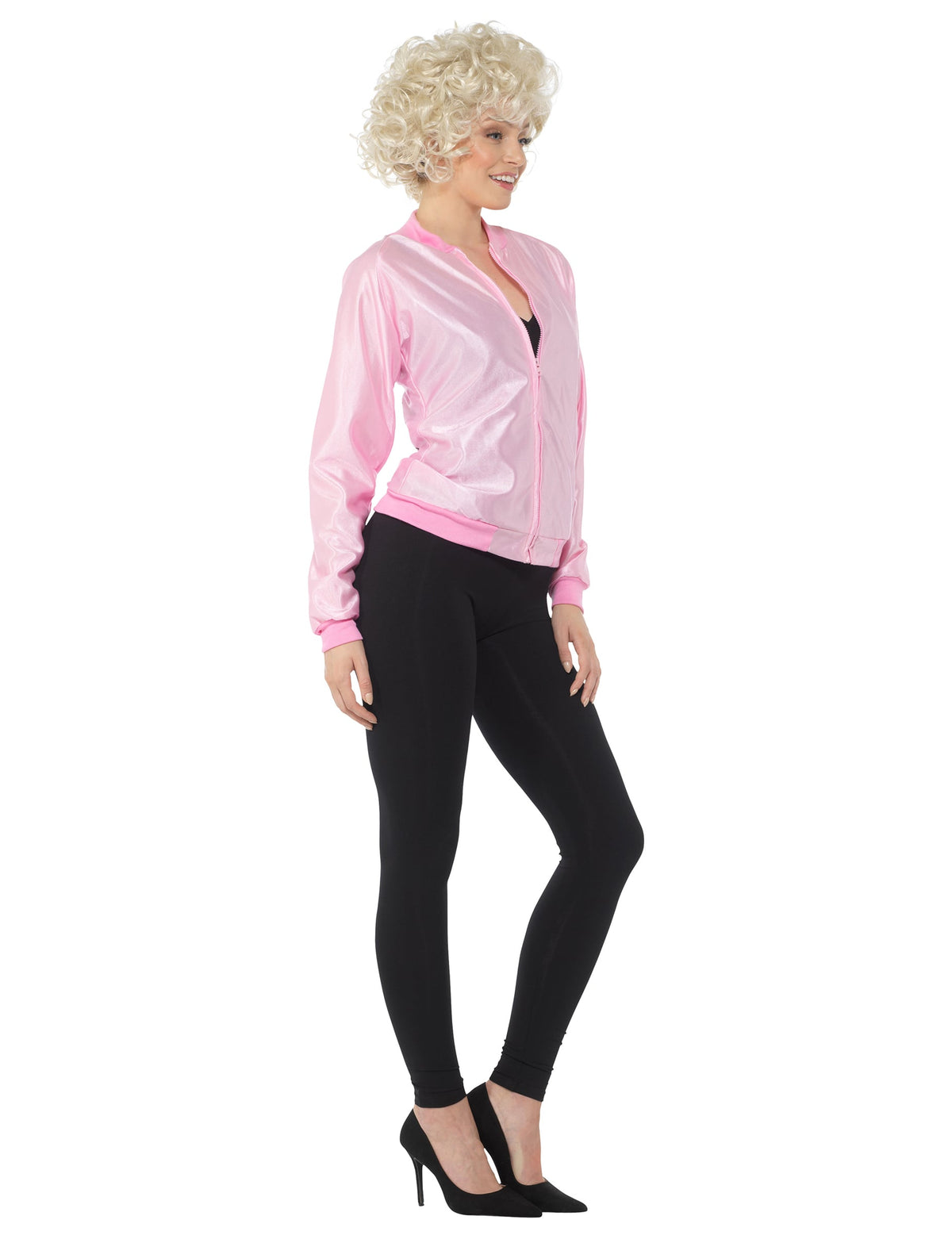 Vue de profil de la veste années 50 pour femme rose