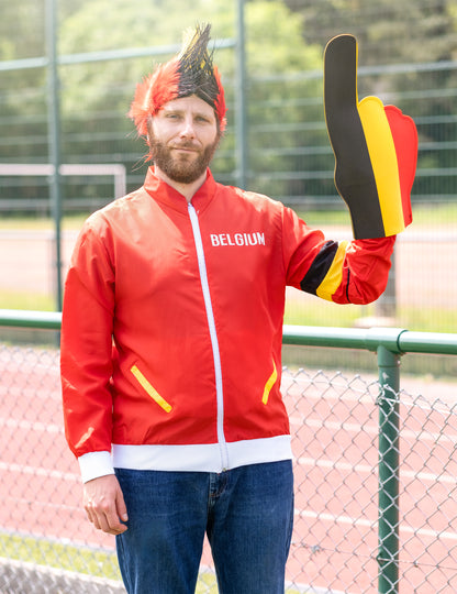 Perruque et main géante de supporter avec la veste supporter Belgique