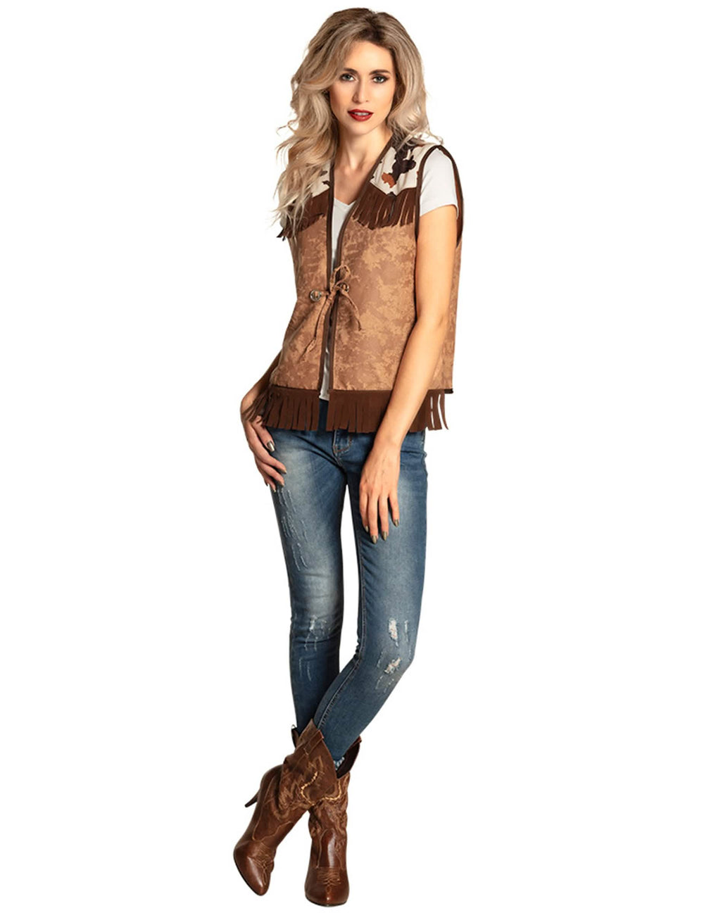 Casaco western para mulher castanho claro com franjas