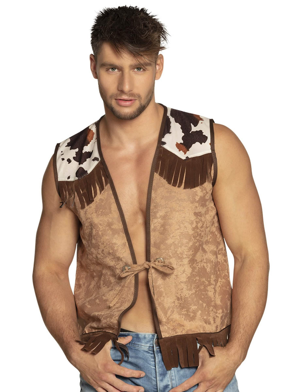 Casaco western para homem castanho claro com motivos de vaca e franjas