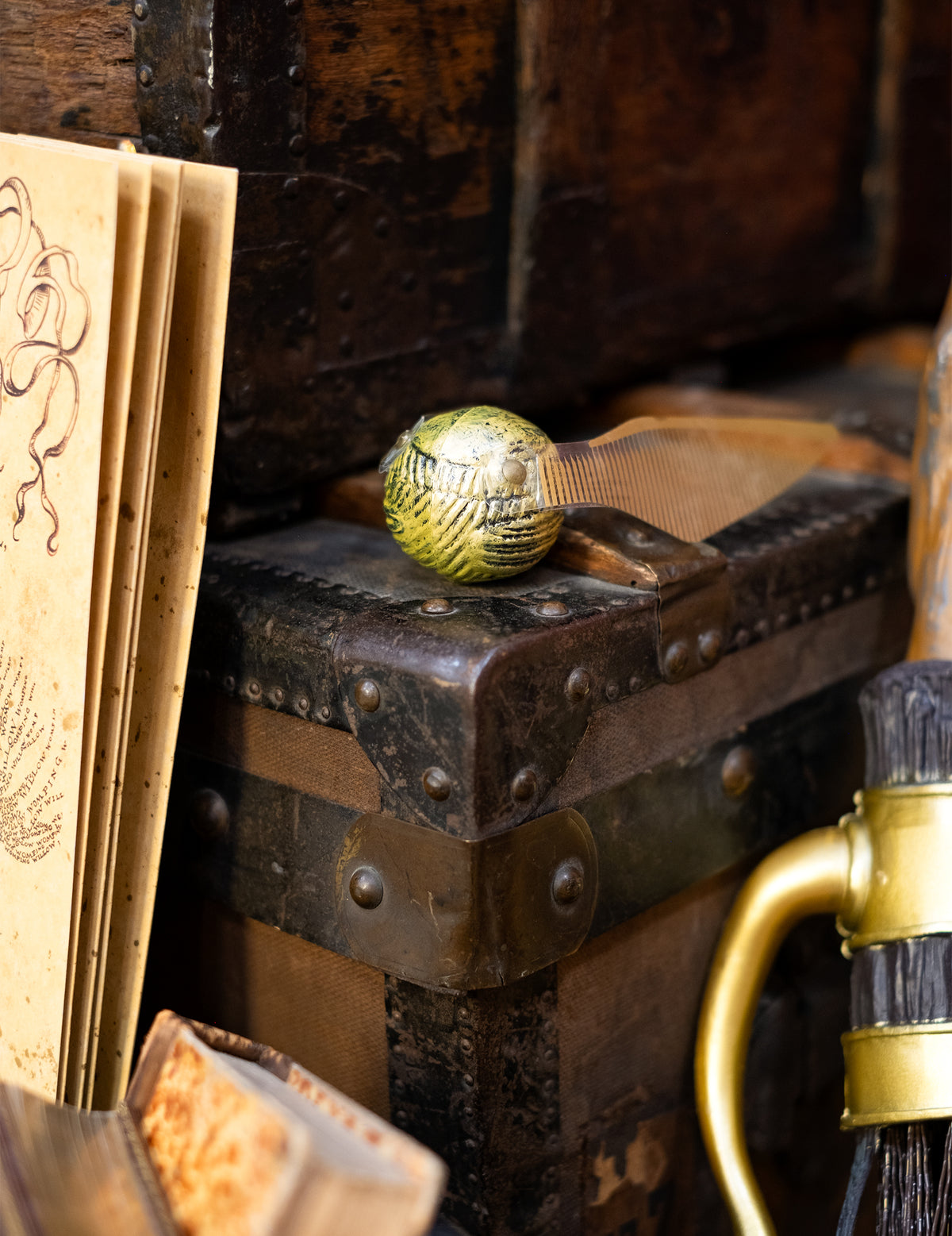 Mise en situation sur une malle ancienne de l'accessoire Vif d'or Harry Potter