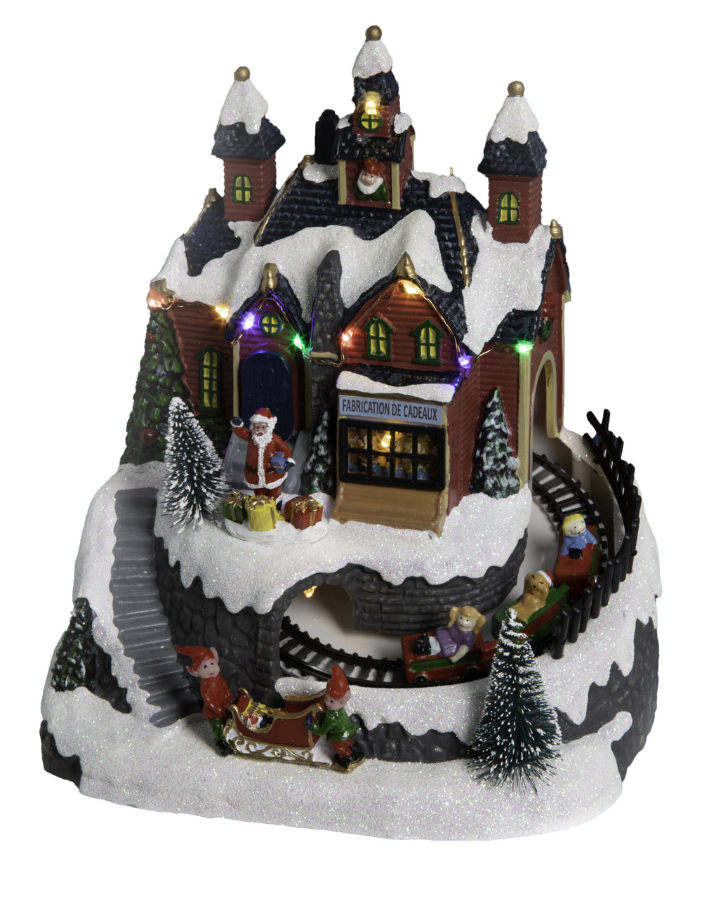 Village atelier de Noël animé et musical enneigé avec petit train et lutins