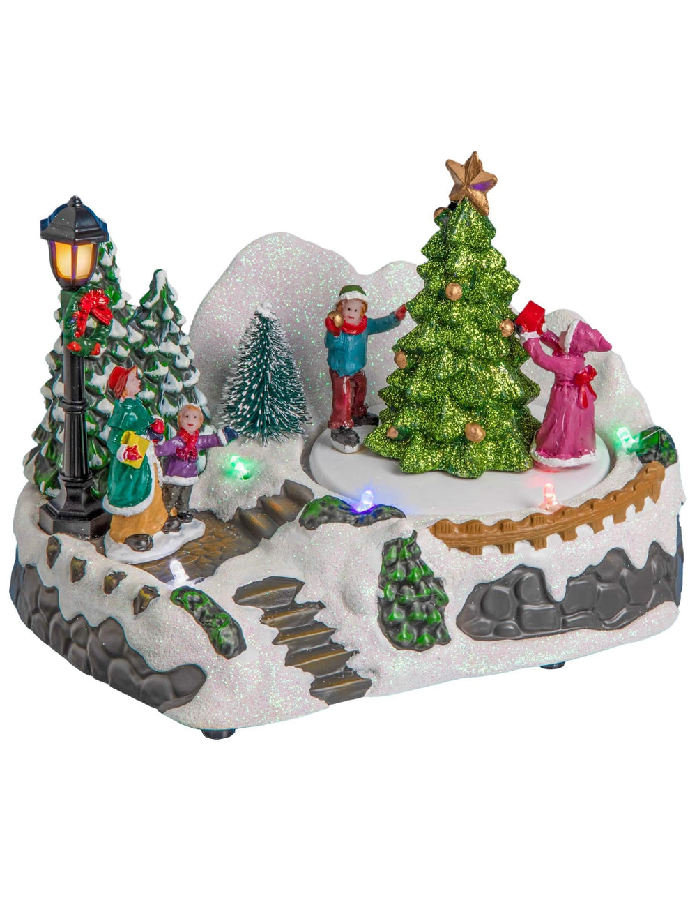 Vila de natal luminosa em forma de árvore de natal para decoração animada multicores com figuras e neve com glitter