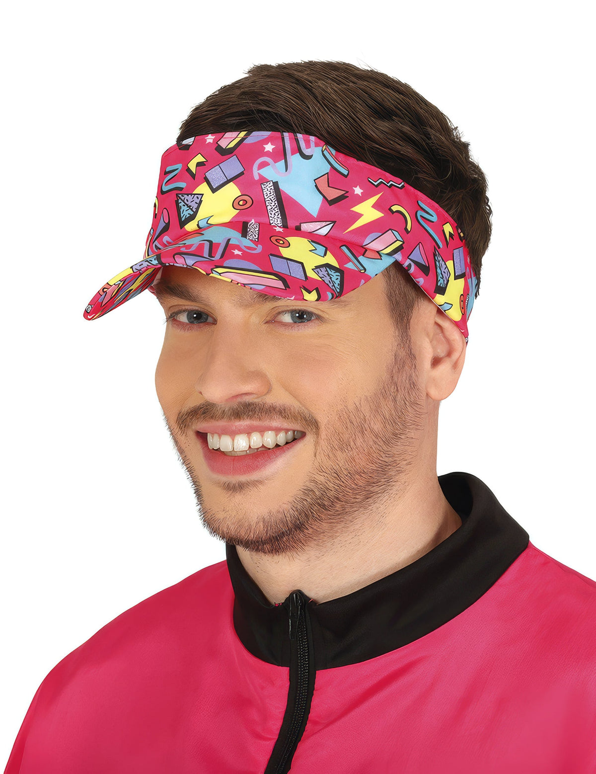 Visière années 80 pour adulte rose avec motifs géométriques colorés
