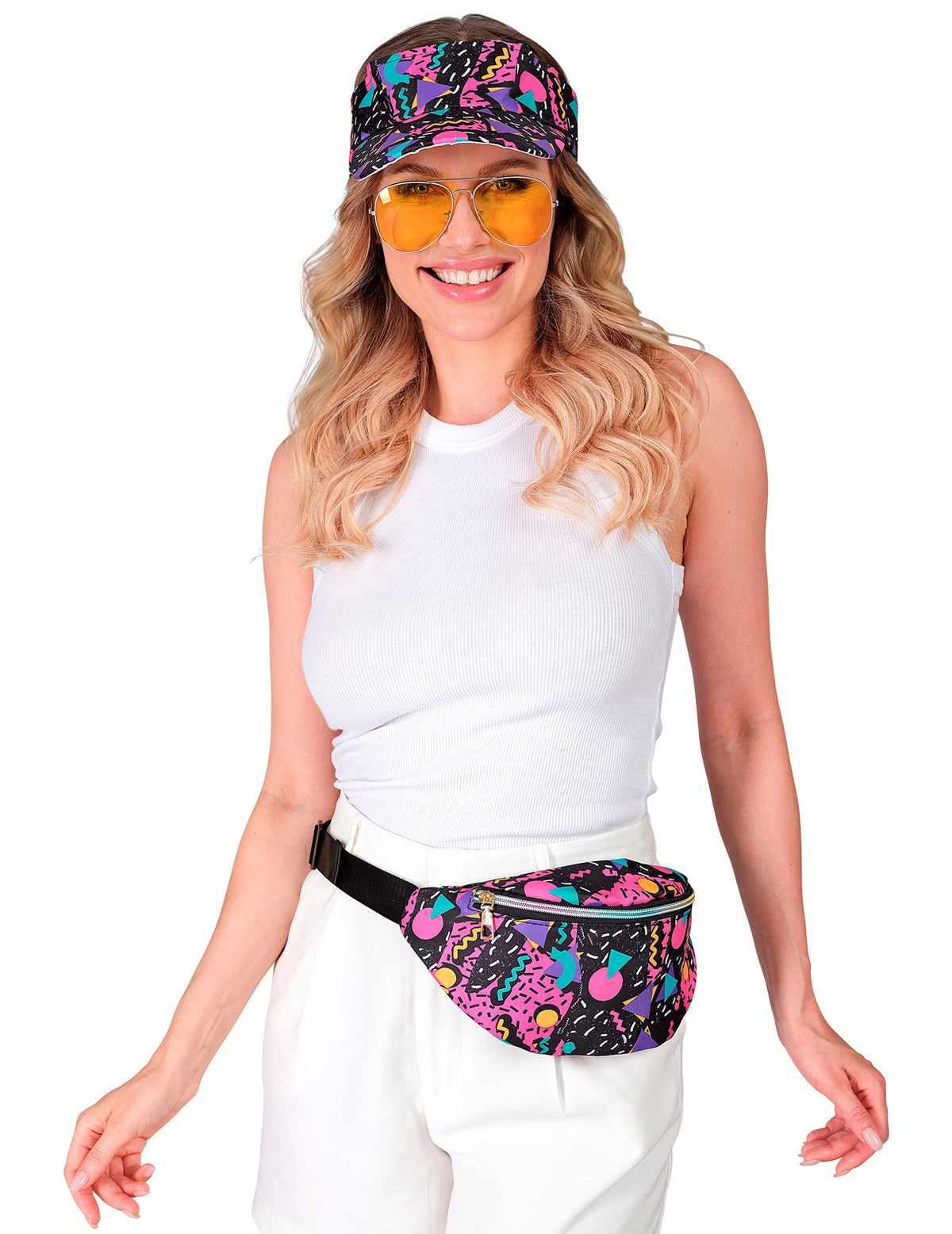 Visière et banane motifs années 90 pour adulte noir et multicolore flashy
