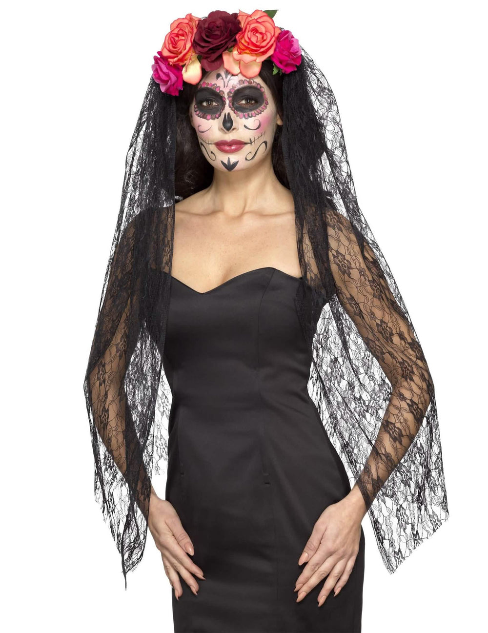 Véu Dia de los muertos para mulher com flores coloridas luxo