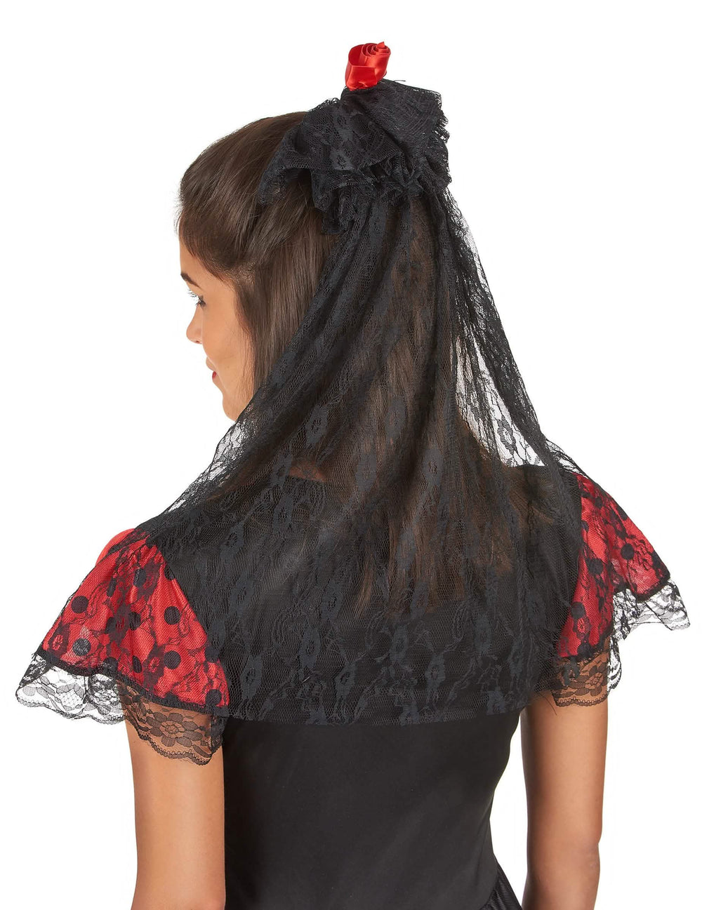 Véu com rosa vermelha espanhola para mulher preto em renda