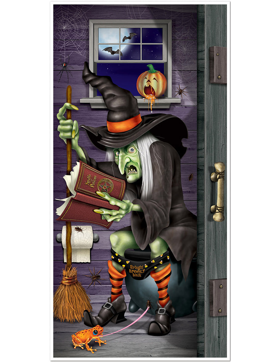 Décoration de porte sorcière aux toilettes pour Halloween multicolore avec grimoire et chaudron